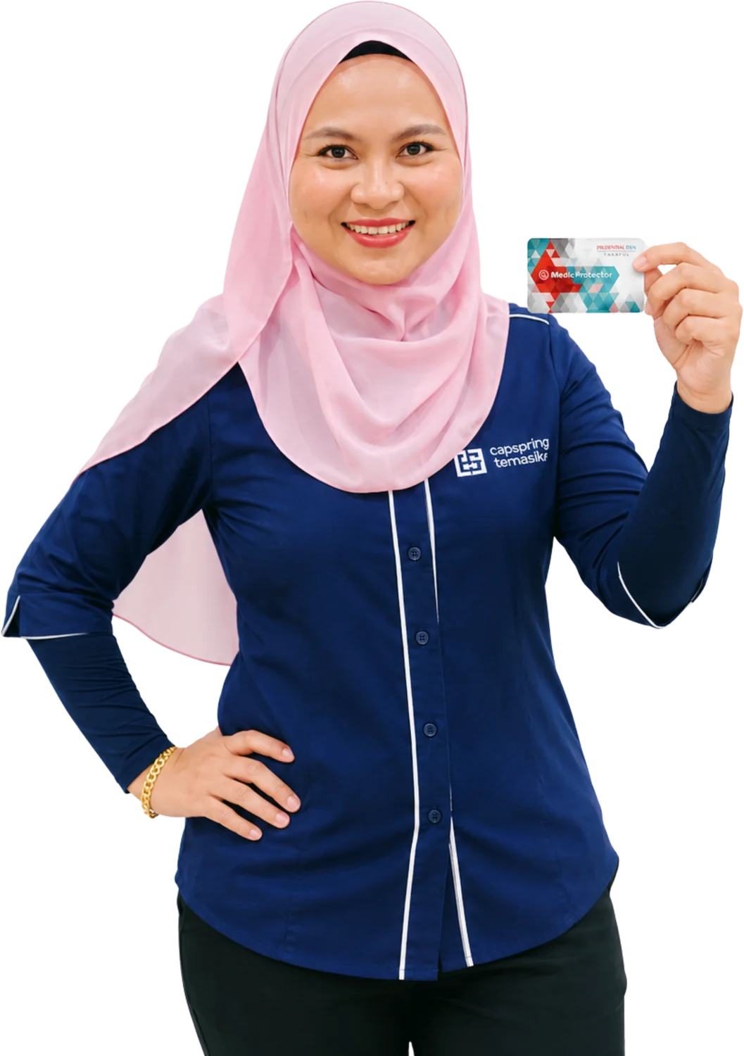 Saliza Binti Mohd Yunus holding a medical card takaful