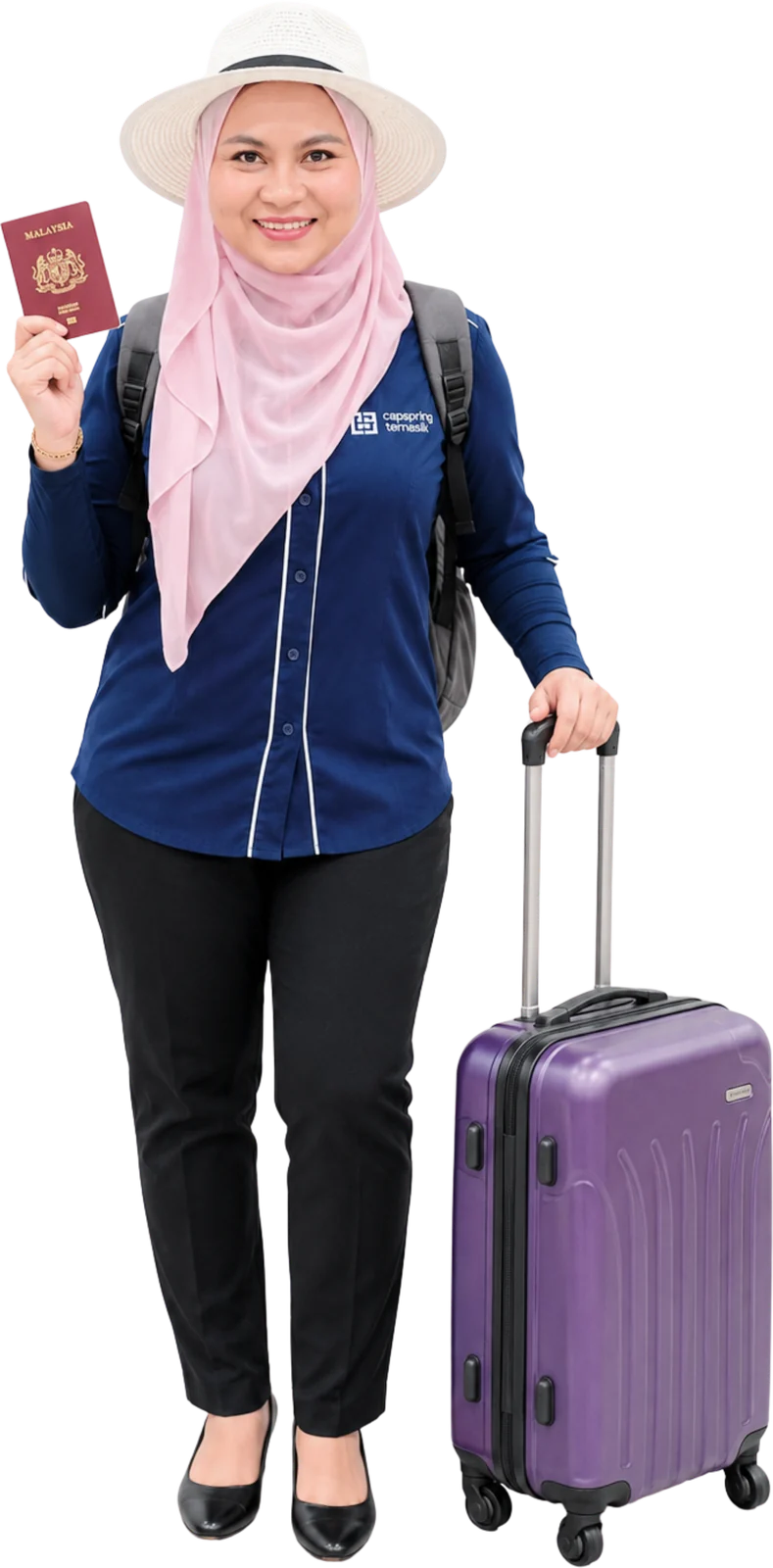 Saliza Binti Mohd Yunus ready to travel with a passport and luggage
